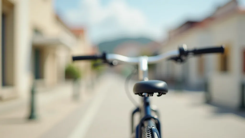 Close-up of comfortable hybrid bike seat on rental bicycle with coastal town buildings blurred in background, sunny day