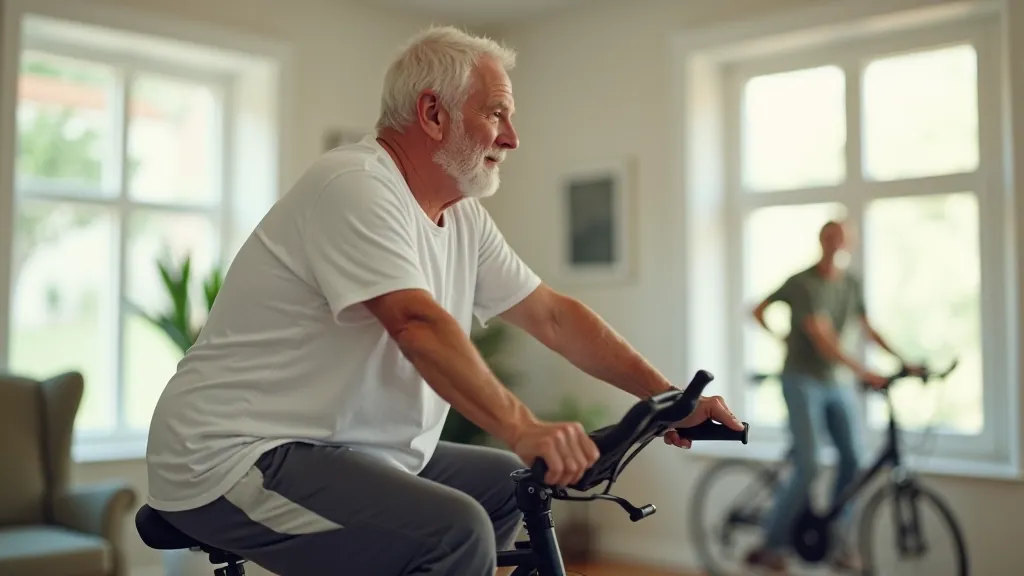 Senior man on stationary bike in bright home gym with window light, comfortable casual clothes