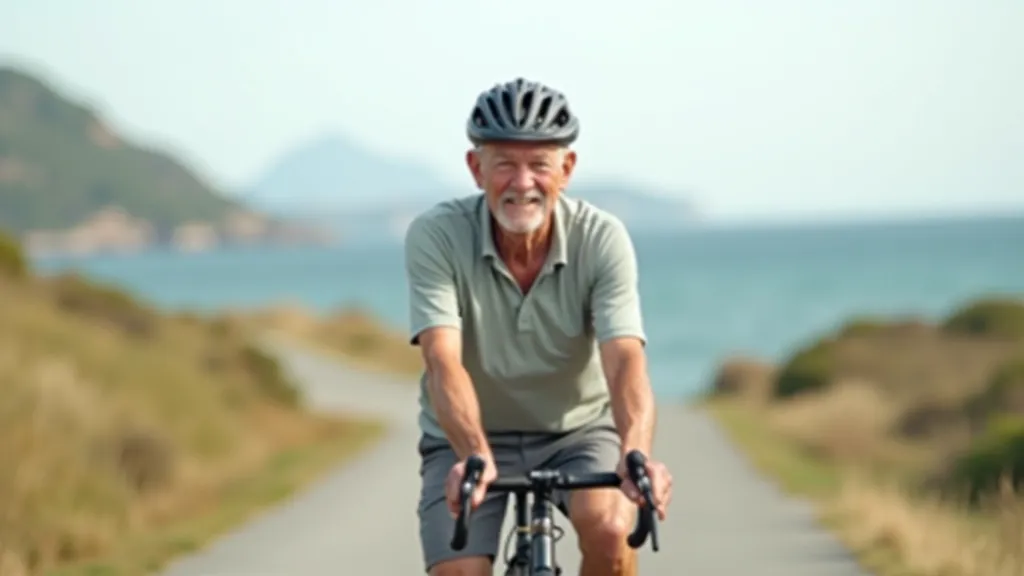 Older cyclist riding on straight flat coastal path, demonstrating stable upright posture and balance