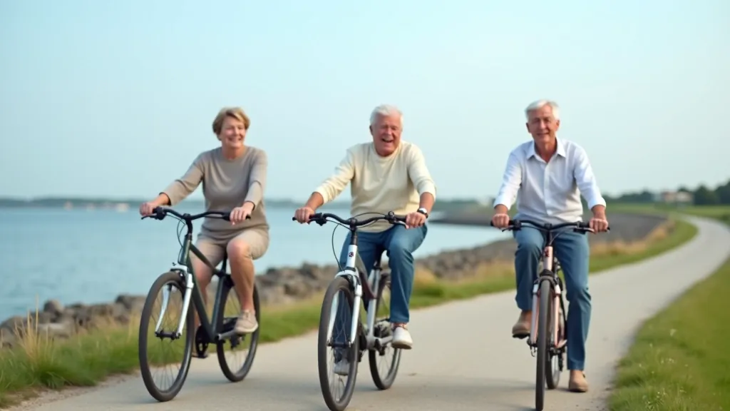 Three senior cyclists riding together on coastal path, chatting and enjoying the scenery, pleasant social atmosphere