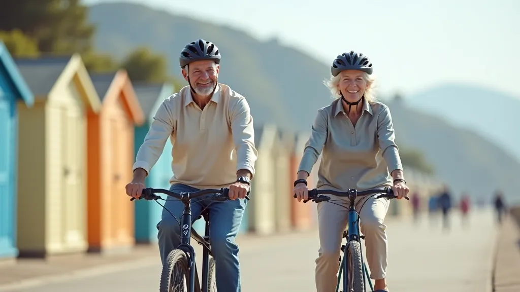 Two senior people cycling together on coastal path in Pāvilosta, scenic seaside backdrop, flat terrain