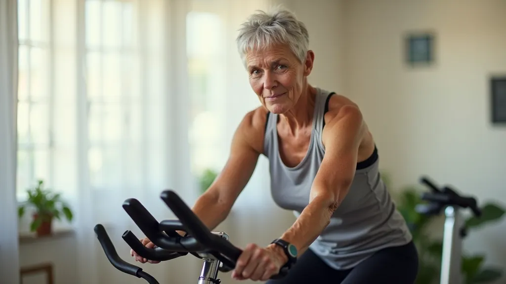 Woman on stationary bike in home gym, focused expression, exercising with good posture, bright window light