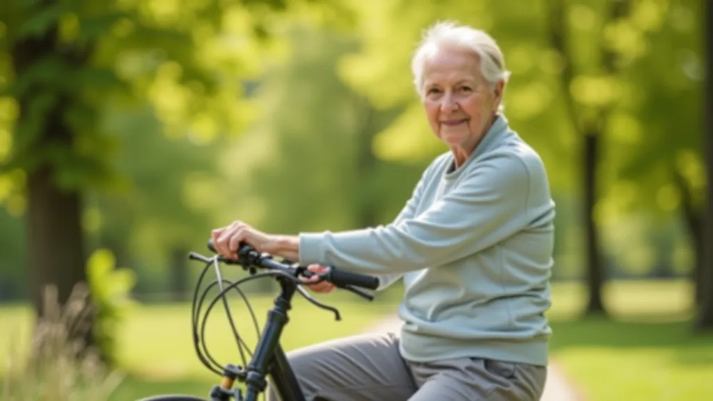Senior woman on comfortable touring bike, adjusting seat height, professional fitting environment