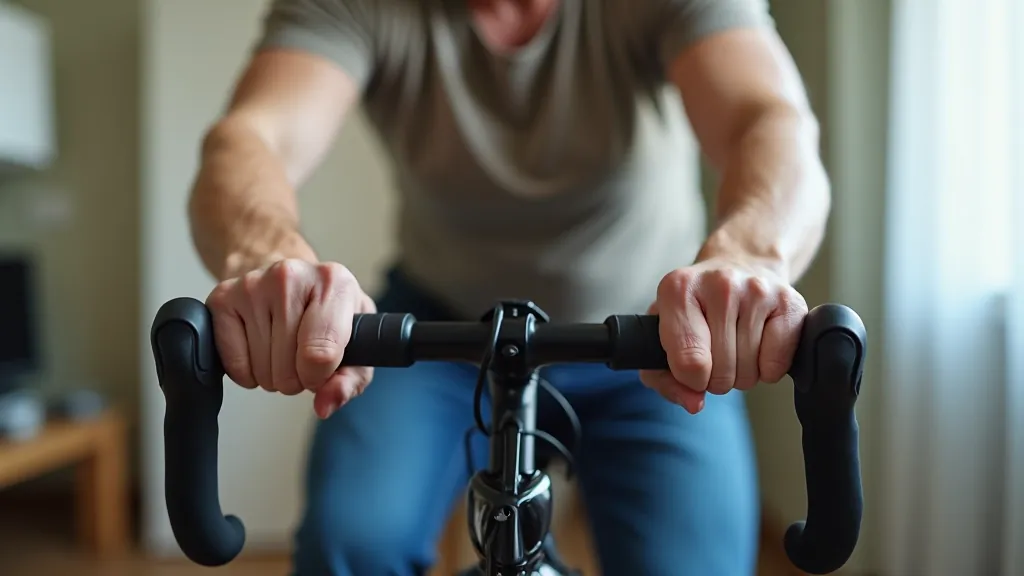 Close-up of hands gripping stationary bike handlebars, proper form demonstration, home gym setting with natural light
